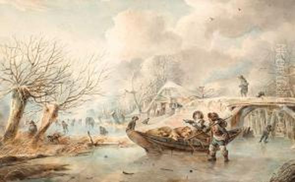 Hustle And Bustle On The Ice Oil Painting by Abraham Adrianus Vermeulen