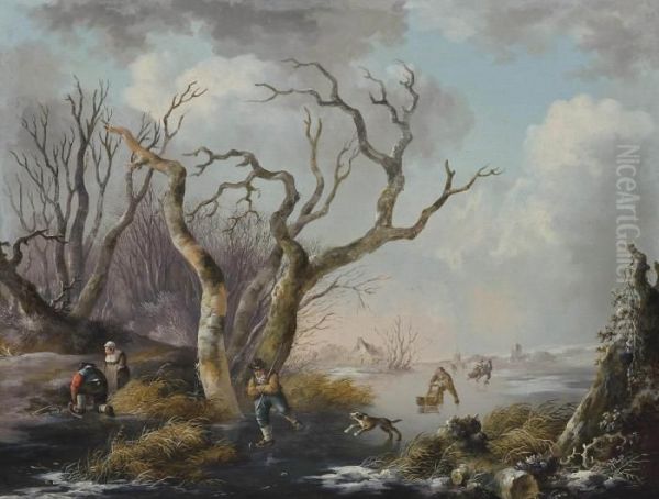 A Winter Landscape With Figures Skating On A Frozen River Oil Painting by Andries Vermeulen