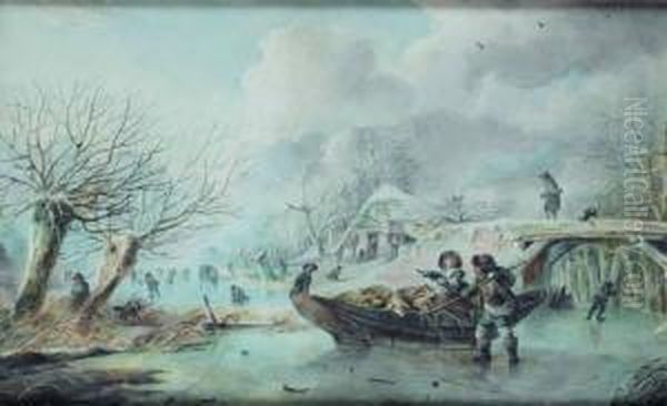 Winterlandschap Met Schaatsenrijders Oil Painting by Andries Vermeulen