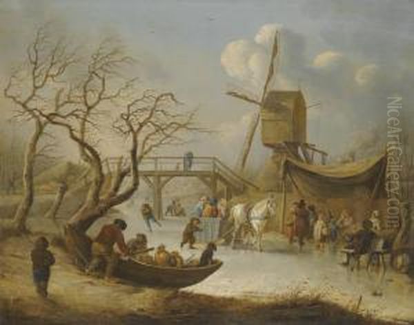 A Winter Landscape With Skating Figures And A Horse-drawn Sleigh Near A Wind Mill Oil Painting by Andries Vermeulen