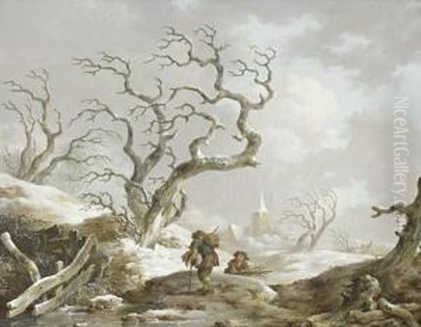 Peasants Collecting Wood Before A Winter Landscape Oil Painting by Andries Vermeulen