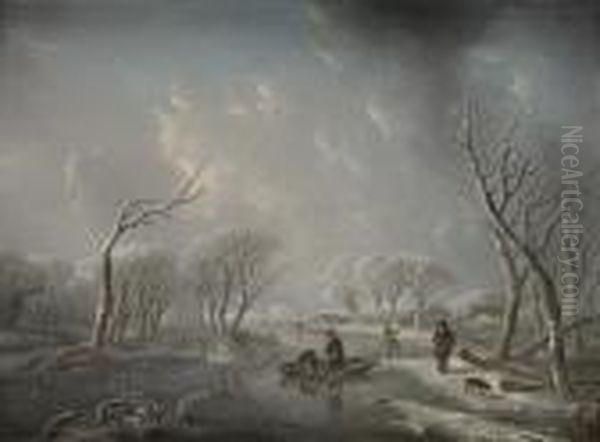 A Winter Landscape With Boys Skating On A Frozen River And A Man Walking His Dog Oil Painting by Andries Vermeulen