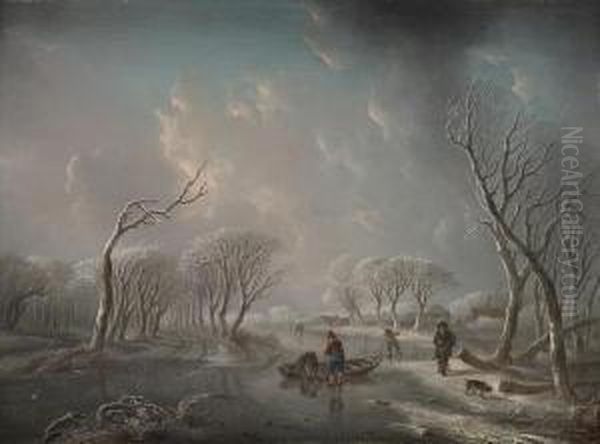 A Winter Landscape With Boys Skating On Afrozen River And A Man Walking His Dog Oil Painting by Andries Vermeulen