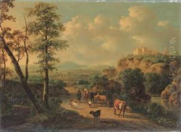 Peasants And Cattle In An Italianate Landscape Oil Painting by Cornelis Van Der Meulen