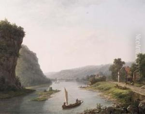 Fishing Boats On A River By A Village Oil Painting by Eugene Vermeulen