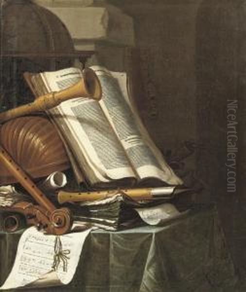 Books, A Globe And Musical Instruments On A Draped Table Oil Painting by Jan Vermeulen