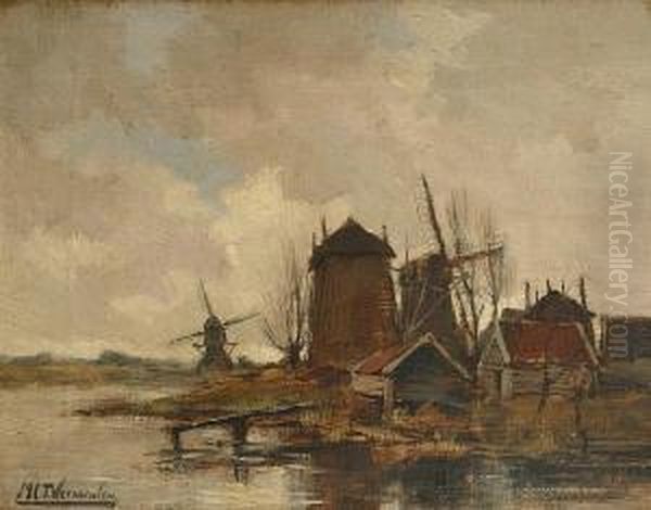 Dutch Windmills By A Lake Oil Painting by Marinus Cornelis Thomas Vermeulen