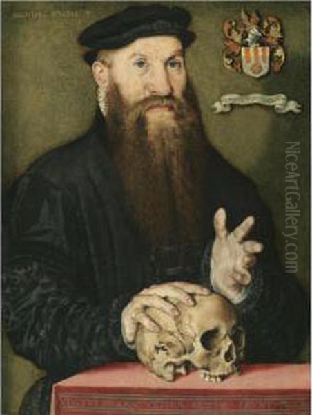 Portrait Of A Bearded Gentleman, Half-length, At The Age Of 33, Wearing A Black Cloak And Hat, His Right Hand Resting On A Skull Oil Painting by Jan Cornelisz Vermeyen