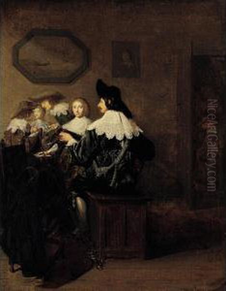 An Interior With Elegant Figures Playing Music Oil Painting by Jan Cornelisz Vermeyen