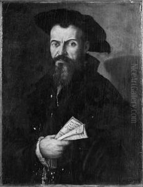 Portrait Of A Nobleman, Half Length, Wearing A Black Coat And Cap,holding A Document Oil Painting by Jan Cornelisz Vermeyen