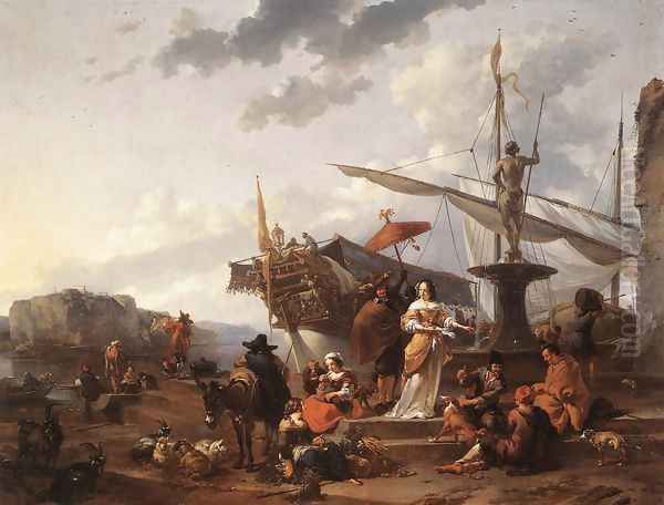 A Southern Harbour Scene Oil Painting by Nicolaes Berchem