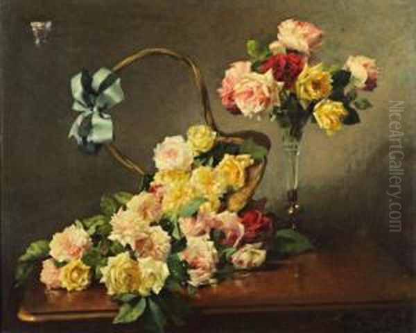 Vase De Roses Et Jetee De Roses Oil Painting by Eug Vernay