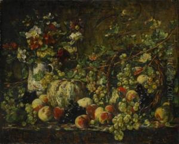 Fruits Et Fleurs Sur Un Entablement Oil Painting by Francois Vernay