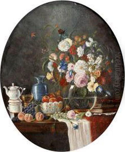 Naturemorte Aux Livres, Fruits Et Vase Fleuris Oil Painting by Francois Vernay