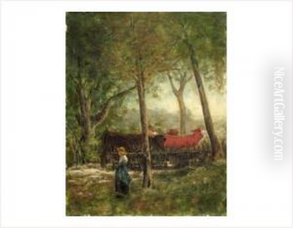 Vaches Et Gardienne Dans Un Sous-bois Oil Painting by Francois Vernay