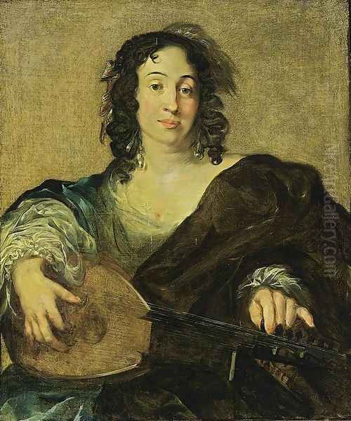 A Young Woman Tuning a Lute Oil Painting by Nicolaes Berchem