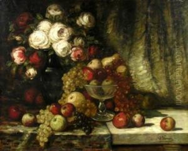 bouquet De Roses, Compotier Et Fruits Sur Une Table Oil Painting by Francois Joseph Vernay