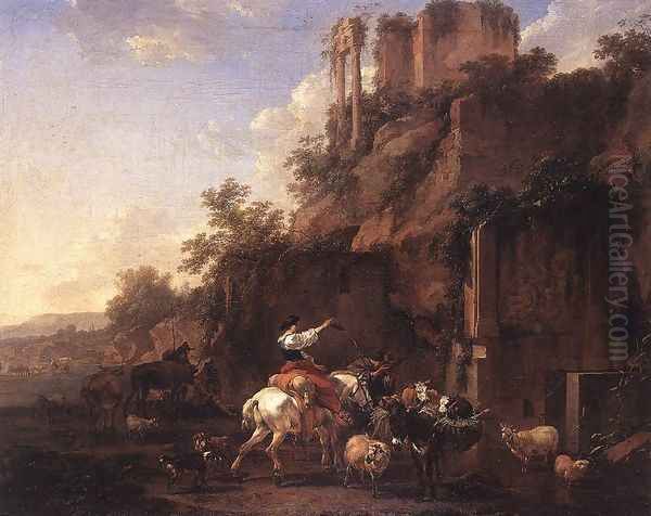 Rocky Landscape with Antique Ruins c. 1657 Oil Painting by Nicolaes Berchem