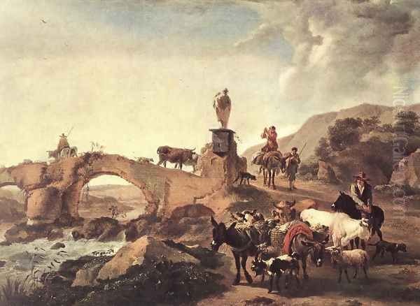 Italian Landscape with Bridge 1656 Oil Painting by Nicolaes Berchem