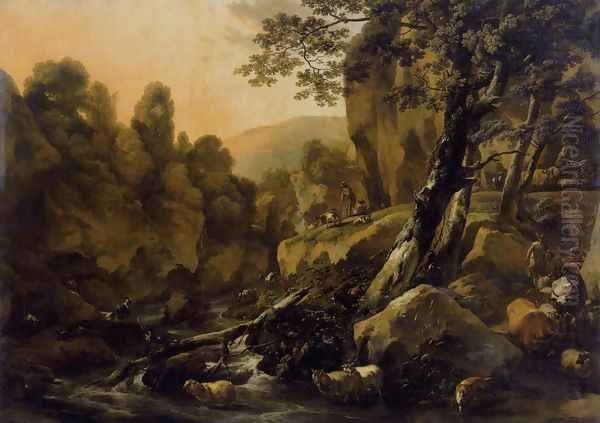 Herdsmen and Herds at a Waterfall c. 1665 Oil Painting by Nicolaes Berchem