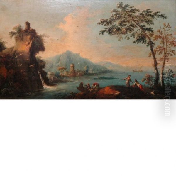 Figures Beside An Inlet Oil Painting by Carle Vernet