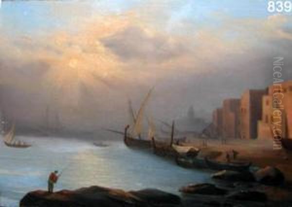 Marina Con Barche E Personaggi Oil Painting by G. Vernet