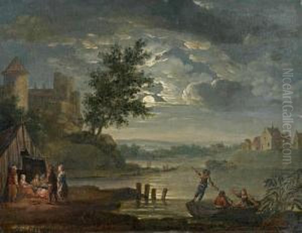 Abendliche Flusslandschaft Mit Personen Und Vollmond Oil Painting by Jean Antoine Vernet