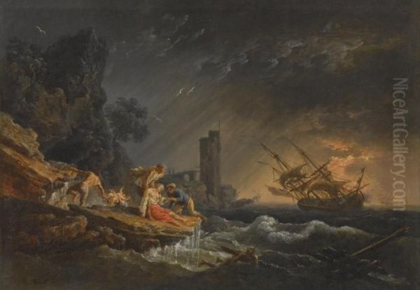 A Shipwreck At Night Off The Coast Oil Painting by Claude-joseph Vernet