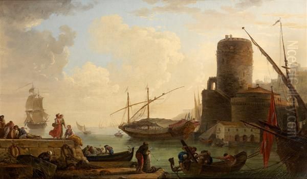 Tour Dominant Un Port Mediterraneen Anime De Promeneurs Et De Pecheurs Oil Painting by Claude-joseph Vernet