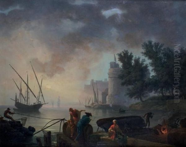 Cardage D'un Bateau Dans Un Port Mediterraneen Au Soleil Couchant Oil Painting by Claude-joseph Vernet