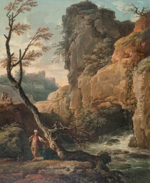 Personnages Pres D'une Cascade Oil Painting by Claude-joseph Vernet