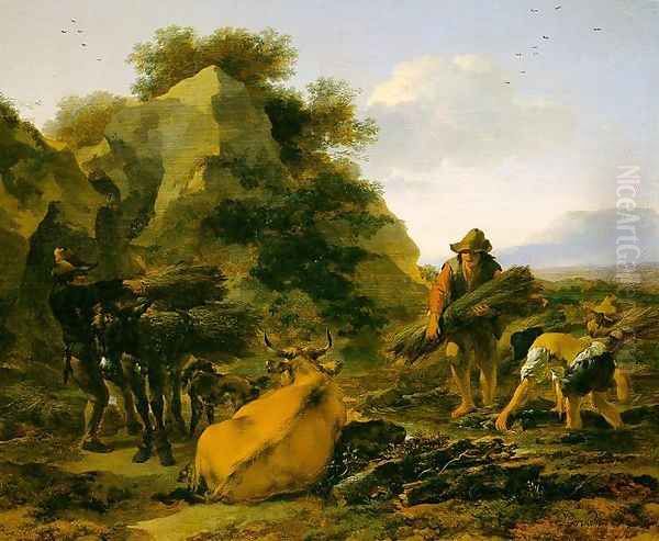 Landscape with Herdsmen Gathering Sticks 1650s Oil Painting by Nicolaes Berchem