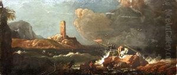 Shipwreck With Figures On The Rocks Oil Painting by Claude-joseph Vernet