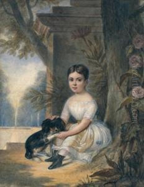 Portrait De Jeune Fille Avec Un Chien Dans Un Jardin Oil Painting by Jules Vernet