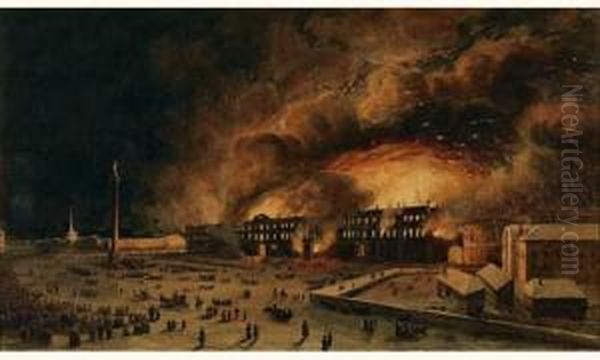 Incendie Au Palais D'hiver A Saint-petersbourg Oil Painting by Jules Vernet