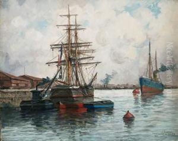 Bateaux Au Port, Environs De Rouen Oil Painting by Jules Vernier