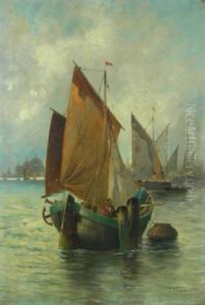 Boats In The Venice Lagoon Oil Painting by Jules Vernier