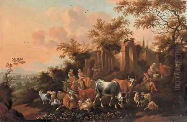 An Italianate landscape with peasants among cows, goats and sheep near a ruin Oil Painting by Nicolaes Berchem