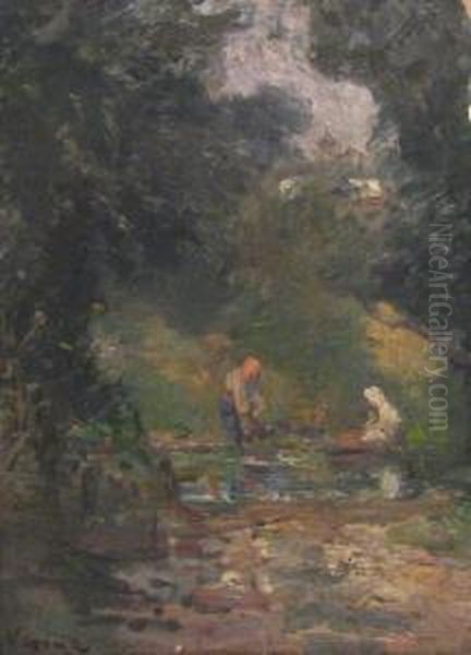 With Thelaundry At The River Oil Painting by Arthur Langley Vernon