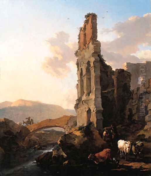 An Italianate river landscape with herdsmen by the ruins of an amphitheatre, and peasants crossing a bridge Oil Painting by Nicolaes Berchem