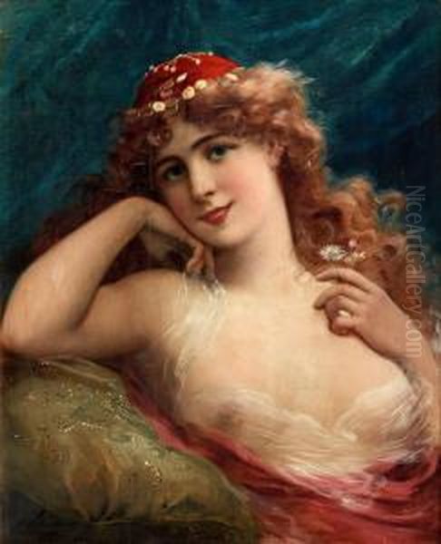 Youngwoman With Daisies Oil Painting by Emile Vernon