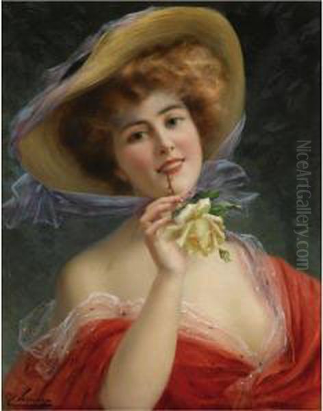 Fille A La Rose Jaune Oil Painting by Emile Vernon