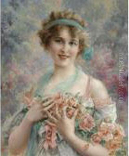 Fille Aux Roses Oil Painting by Emile Vernon