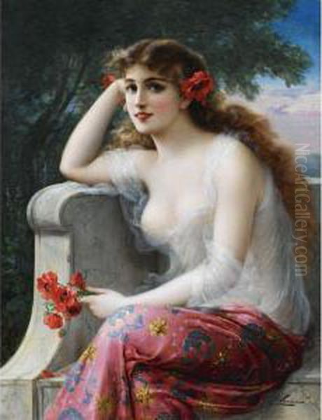 Young Beauty With Poppies Oil Painting by Emile Vernon