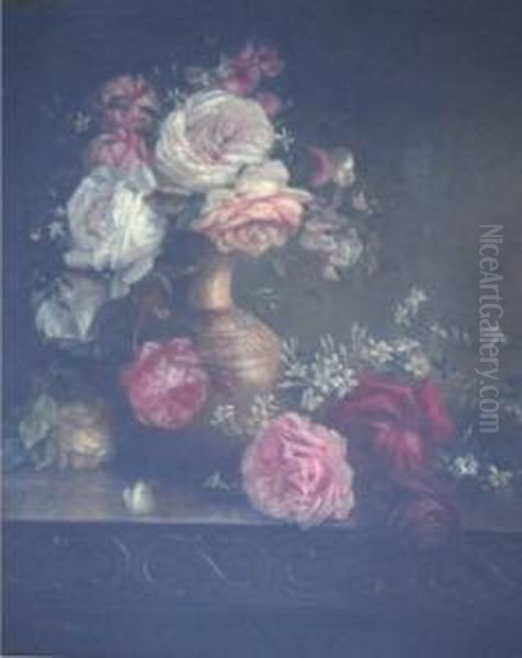 A Still Life Study Of Flowers In A Pitcher On A Period Oak Table Oil Painting by Florence Vernon