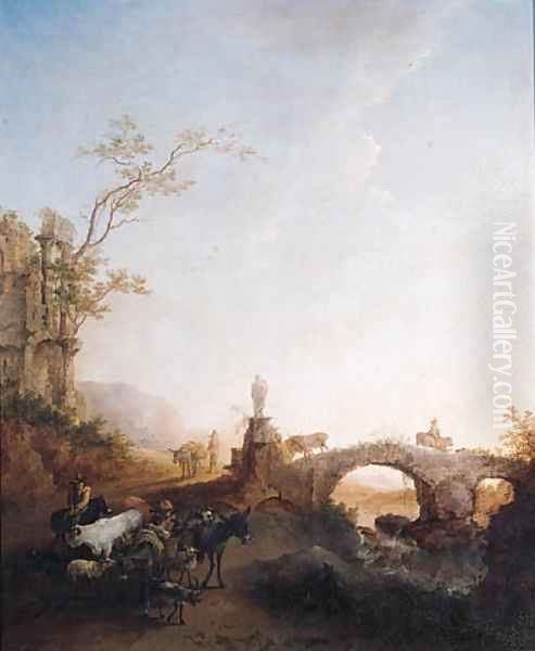 Drivers returning from market on a track by a bridge, in an Italianate landscape Oil Painting by Nicolaes Berchem