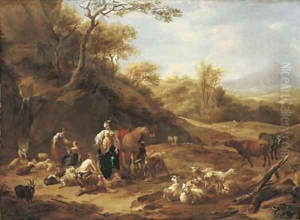 An extensive wooded landscape with the meeting of Granida and Daifilo Oil Painting by Nicolaes Berchem