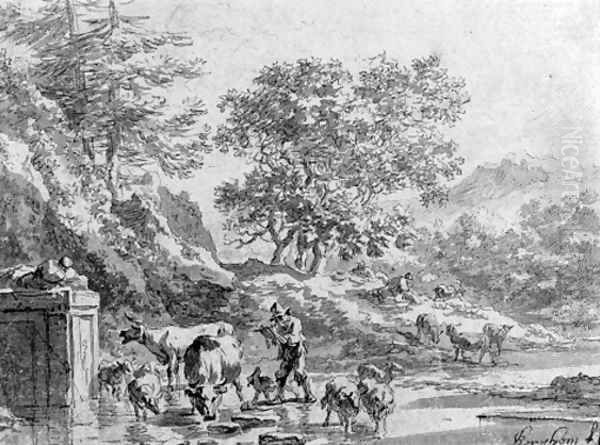 An italianate landscape with herdsman at the fountain Oil Painting by Nicolaes Berchem