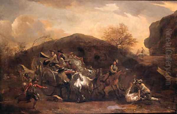 Travellers on a wagon ambushed on a mountain pass Oil Painting by Nicolaes Berchem