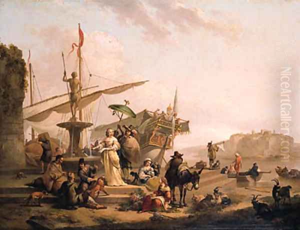 A Capriccio of a Mediterranean harbour with an elegant couple disembarking from a galley, bandits and merchants on the quay nearby Oil Painting by Nicolaes Berchem